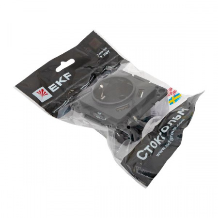 EKF Стокгольм Механизм Розетки 1-местной с/з, USB 2A 16А винтовые клеммы черный с защ. штор.