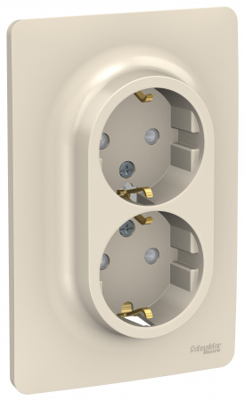 SE Unica New Беж Розетка с/з двойная, со шторками, винт. зажим.