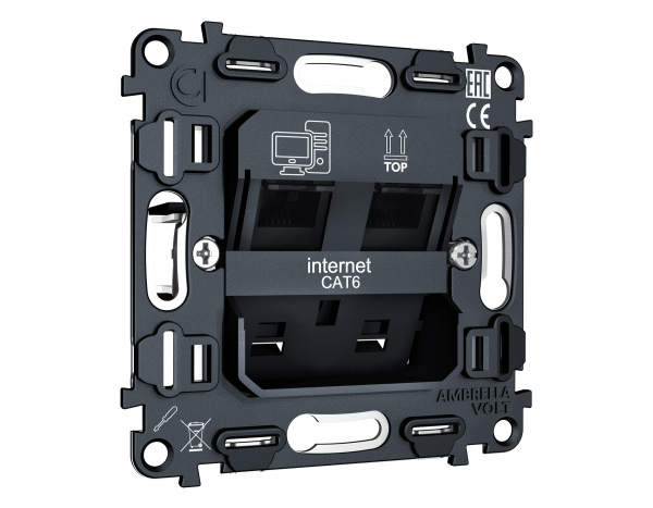 Механизм компьютерной двойной розетки RJ-45 (8P8C) CAT6 1000 Base-T с автоматической защитной шторкой QUANT VM189