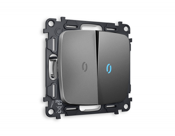 Комплект механизма 2-клавишного проходного выключателя с подсветкой 10000K OMEGA MO654040 Антрацит серый QUANT