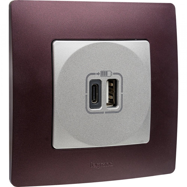 Legrand Etika, алюминий, зарядное устройство с USB разъемами A-C
