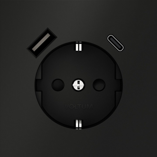 Розетка встраиваемая VOLTUM S70 с заземлением и защитными шторками, 16А, с USB, A+С, (черный матовый Розетка встраиваемая VOLTUM S70 с заземлением и защитными шторками, 16А, с USB, A+С, (черный матовый