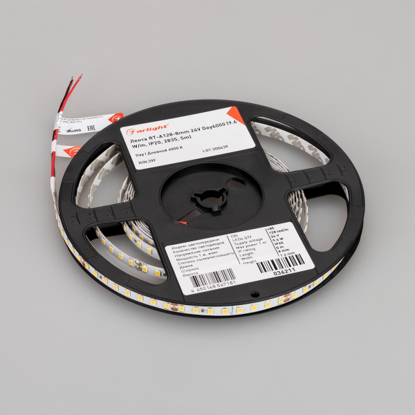 Arlight Лента RT-A128-8mm 24V Day4000 (9.6 W/m, IP20, 2835, 5m) (высок.эфф.150 лм/Вт)