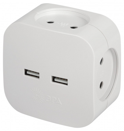 ЭРА Разветвитель электрический ЭРА SP-4-USB-W на 4 розетки 220V + 2xUSB 2400mA, без заземл 10А (белый)