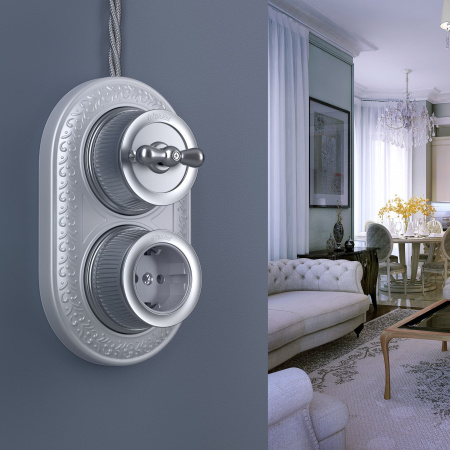 Розетка с заземлением и шторками матовый хром ретро WL19-10-02