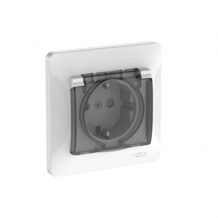 Systeme Electric Glossa Белый Розетка с зазем. со шторк. с крышк., 16А, IP44, в сборе, быстрозажим. клем.