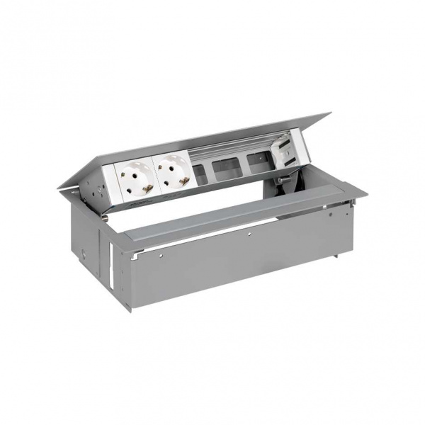 Simon 400 Алюминий Врезной розеточный блок с крышкой и мет. вводом, 2x2P+E, 3 пустых модуля