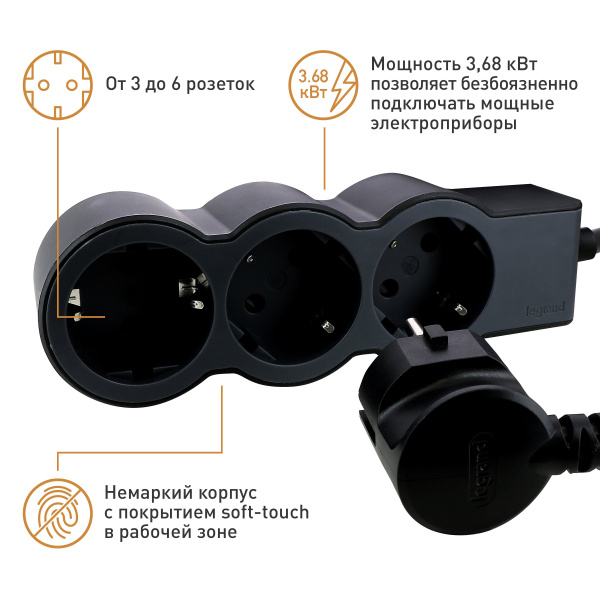 Legrand Revolution Стандарт Черный Удлинитель 3x2К+З, кабель 5м