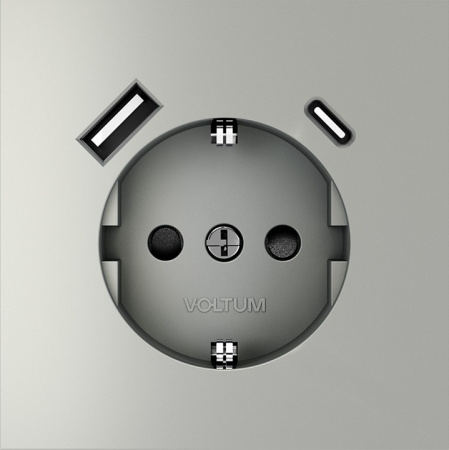 Розетка встраиваемая VOLTUM S70 с заземлением и защитными шторками, 16А, с USB, A+С, (сталь)