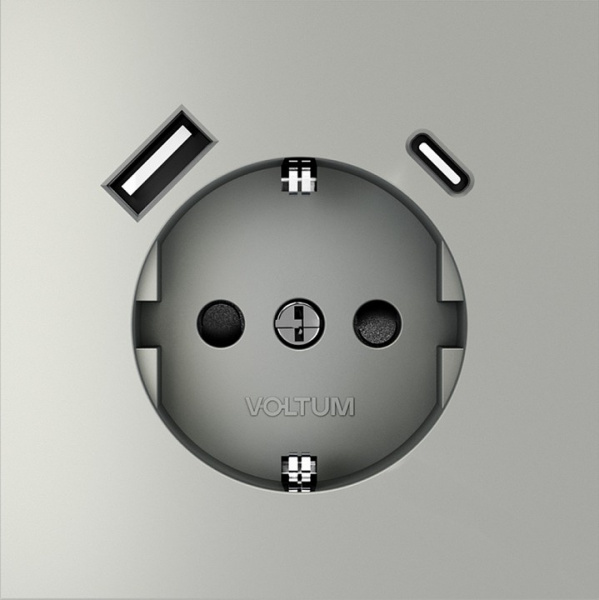 Розетка встраиваемая VOLTUM S70 с заземлением и защитными шторками, 16А, с USB, A+С, (сталь) Розетка встраиваемая VOLTUM S70 с заземлением и защитными шторками, 16А, с USB, A+С, (сталь)