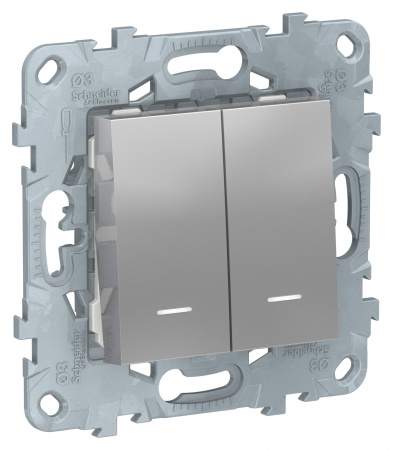 SE Unica New Алюминий Переключатель 2-клавишный, 2 модуля, с подсветкой, 2 х сх.6а