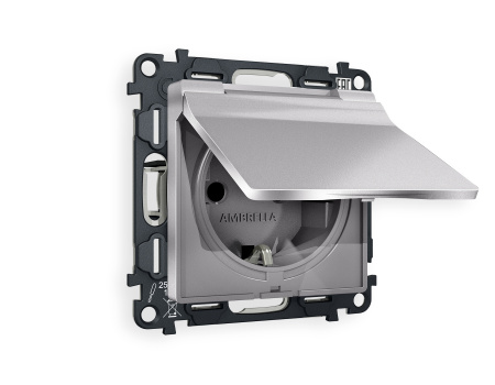 Комплект механизма электрической розетки ALFA MA508010 Сталь матовый  с заземлением с шторками и защитной крышкой 2P+E 16A-250V IP44 QUANT