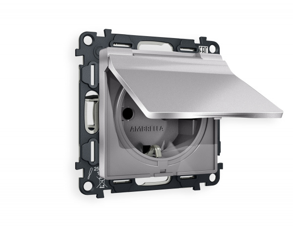 Комплект механизма электрической розетки ALFA MA508010 Сталь матовый  с заземлением с шторками и защитной крышкой 2P+E 16A-250V IP44 QUANT