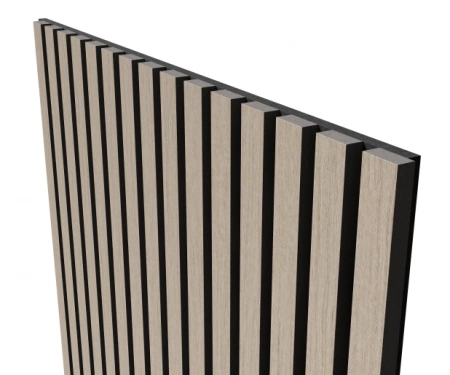 Акустическая панель, черный войлок, 600х600х21мм, рейки МДФ, шпон дуб латте бежевый
