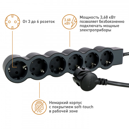 Legrand Revolution Стандарт Черный Удлинитель 6x2К+З, кабель 3м