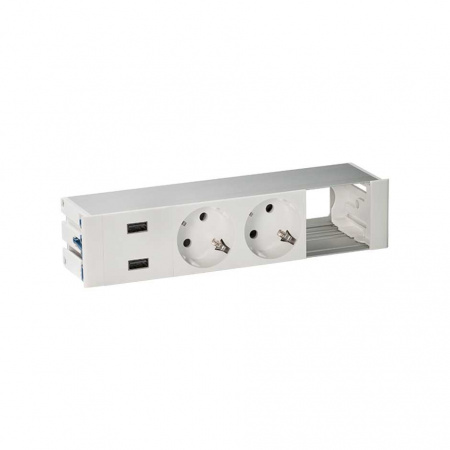 Simon 400 Алюминий Врезной розеточный блок с крышкой, ввод щетка, 2x2P+E, 2xUSB зарядное уст., 1 пустой модуль