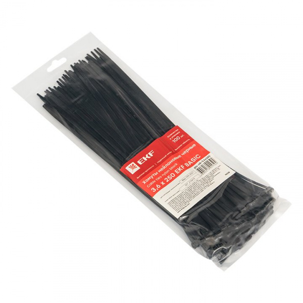 EKF Basic Хомут нейлоновый черный (3,6х250) (100шт.)