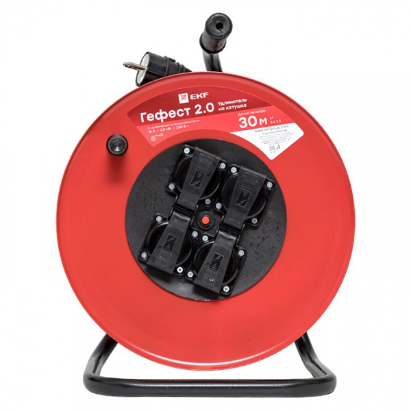 EKF PROxima Удлинитель на катушке "Гефест 2.0" 4 гнезда 30м с заземлением и предохранителем КГ 3*2,5 16А/3,5кВт IP44