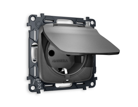 Комплект механизма электрической розетки OMEGA MO658010 Антрацит серый с заземлением с шторками и защитной крышкой 2P+E 16A-250V IP44 QUANT