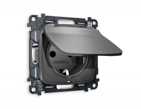 Комплект механизма электрической розетки OMEGA MO658010 Антрацит серый с заземлением с шторками и защитной крышкой 2P+E 16A-250V IP44 QUANT