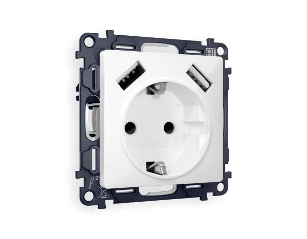 Комплект механизма электрической розетки ALFA MA129010 Белый матовый 2USB A+A 18W быстрая зарядка с заземлением со шторками 2P+E 16A-250V QUANT