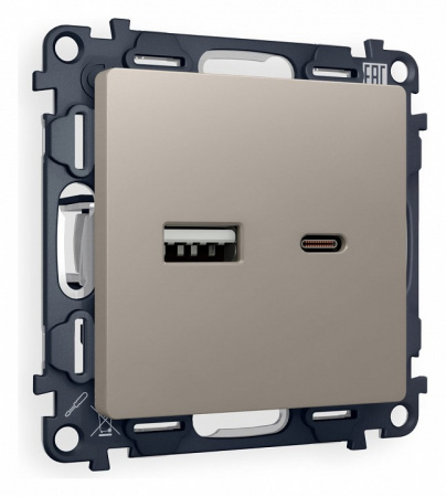 Комплект механизма розетки ALFA MA371010 Серо-бежевый матовый 2USB A+C 20W быстрая зарядка QUANT