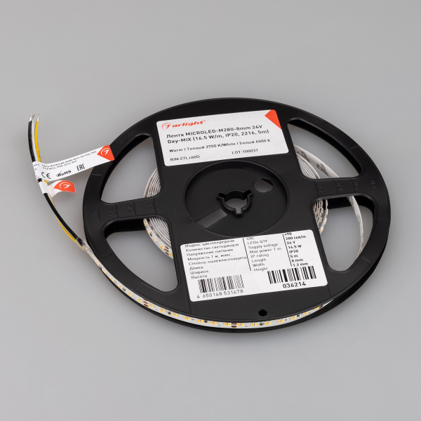 Arlight Лента MICROLED-M280-8mm 24V White-MIX (16.5 W/m, IP20, 2216, 5m) (Изменяемая ЦТ)