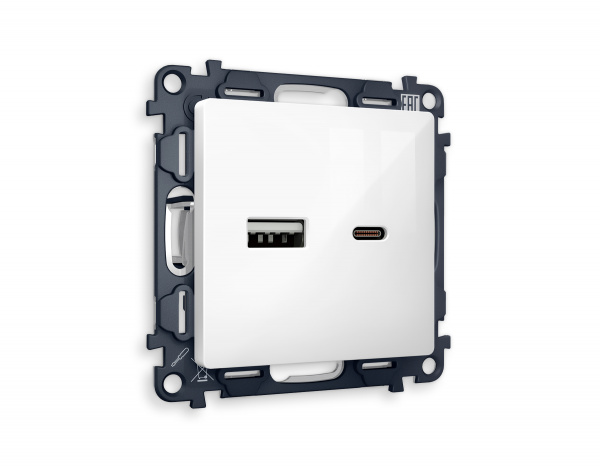 Комплект механизма розетки ALFA MA111010 Белый глянец 2USB A+C 20W быстрая зарядка QUANT