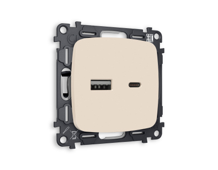 Комплект механизма розетки OMEGA MO331010 Бежевый матовый 2USB A+C 20W быстрая зарядка QUANT