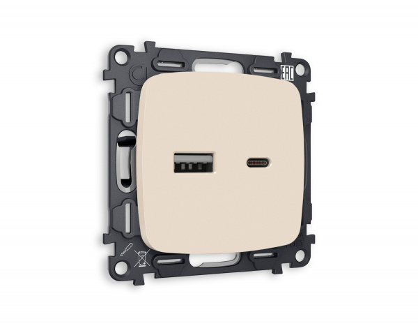 Комплект механизма розетки OMEGA MO331010 Бежевый матовый 2USB A+C 20W быстрая зарядка QUANT
