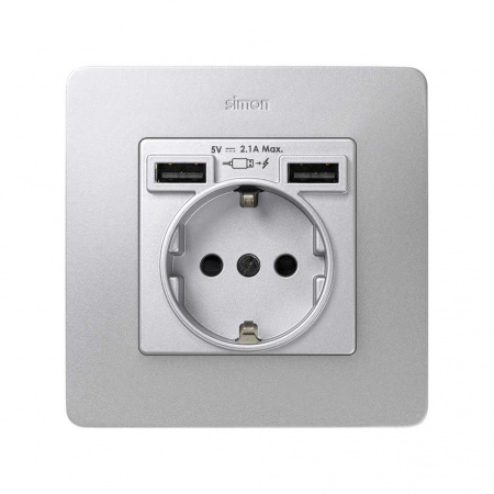 Simon 82 Detail Накладка для розетки Schuko с зарядным устройством 2хUSB цвета холодный алюминий