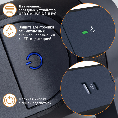 Legrand Удлинитель с поворотным основанием и 2xUSB A+C (3А) зарядками, защитой от импульсных перенапряжений серии "Комфорт" 3 x 2К+З с кабелем 1,5 м.,