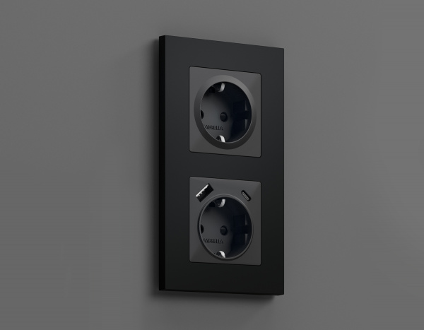 Лицевая панель OMEGA (Графит Мягкое касание) для электрической розетки с заземлением со шторками QUANT OP9070