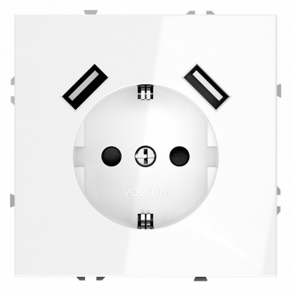 Розетка встраиваемая VOLTUM S70 с заземлением и защитными шторками, 16А, с USB, A+A, (белый глянцевы Розетка встраиваемая VOLTUM S70 с заземлением и защитными шторками, 16А, с USB, A+A, (белый глянцевы