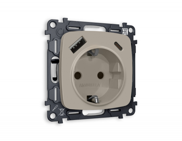 Комплект механизма электрической розетки OMEGA MO370010 Серо-бежевый матовый 2USB A+C 20W быстрая зарядка с заземлением со шторками 2P+E 16A-250 QUANT