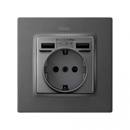 Simon S82 Графит Накладка для розетки Schuko с зарядным устройством 2хUSB