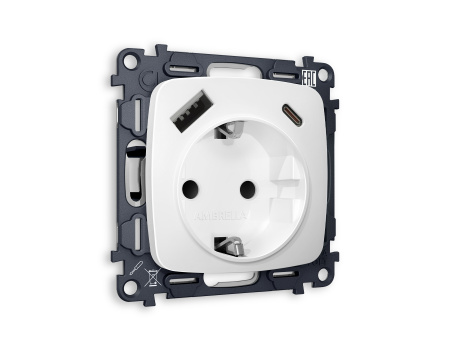 Комплект механизма электрической розетки OMEGA MO130010 Белый матовый 2USB A+C 20W быстрая зарядка с заземлением со шторками 2P+E 16A-250V QUANT