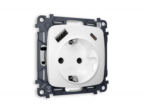 Комплект механизма электрической розетки OMEGA MO130010 Белый матовый 2USB A+C 20W быстрая зарядка с заземлением со шторками 2P+E 16A-250V QUANT