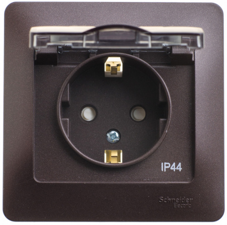 SE Glossa Шоколад Розетка с/з со шторками с крышкой, 16А, IP44 (в сборе)