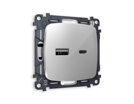 Комплект механизма розетки OMEGA MO411010 Серебро глянец 2USB A+C 20W быстрая зарядка QUANT