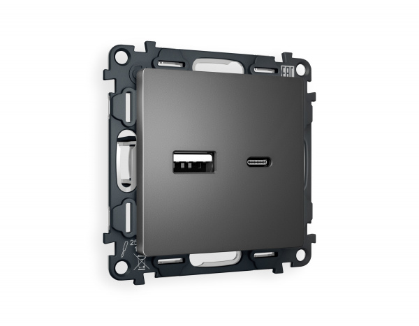 Комплект механизма розетки ALFA MA661010 Антрацит серый 2USB A+C 20W быстрая зарядка QUANT