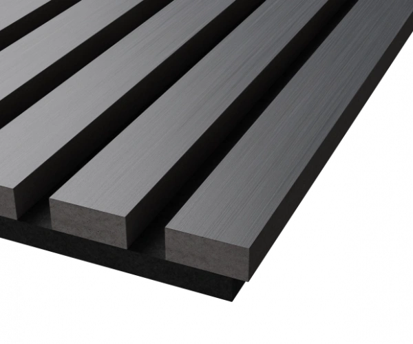 Акустическая панель, черный войлок, 2750х600х21мм, рейки МДФ, шпон дуб антрацит темно-серый Акустическая панель, черный войлок, 2750х600х21мм, рейки МДФ, шпон дуб антрацит темно-серый