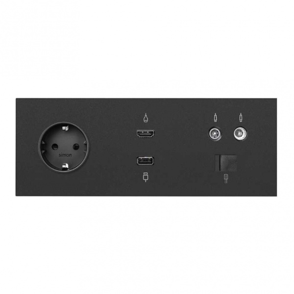 Simon 100 Черный матовый  Кит 3 поста, фронт. Накладка на 1 розетку Schuko + 1 розетку TV + 1 розетку RJ45 + 1 розетку HDMI + 1 розетку USB