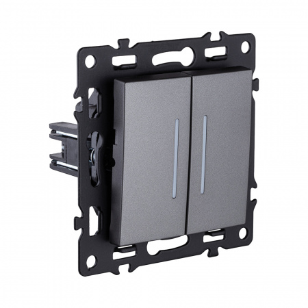 Выключатель 2-клавишный проходной 10А/250В с LED подсветкой, серый Kollinger Asthetik AS-011GY