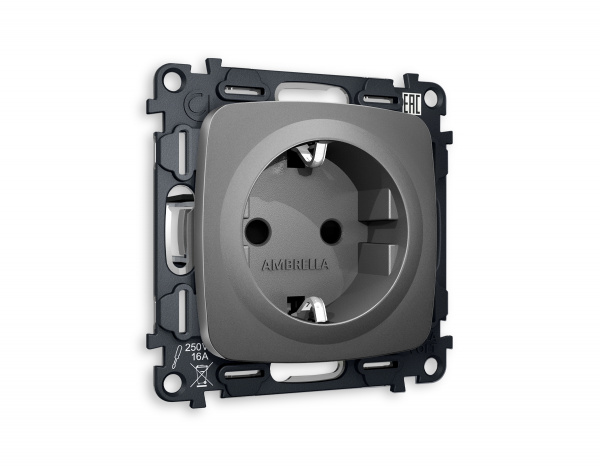 Комплект механизма электрической розетки OMEGA MO657010 Антрацит серый с заземлением и шторками 2P+E 16A-250V QUANT