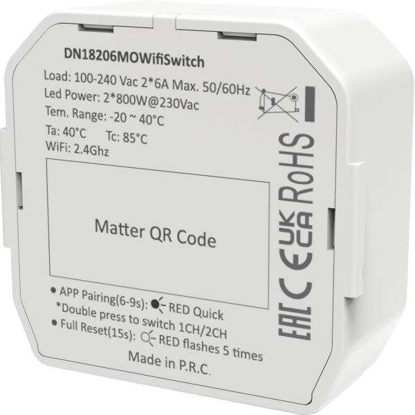 Donel Умный выключатель MatterOverWi-Fi, AC 230В 2 канала x 6А, макс.мощность LED 2x800Вт, DN18206MOWiFiSwitch