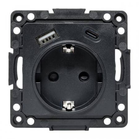 EKF Стокгольм Механизм Розетки 1-местной с/з, USB A+C 16А винтовые клеммы черный с защ. штор.