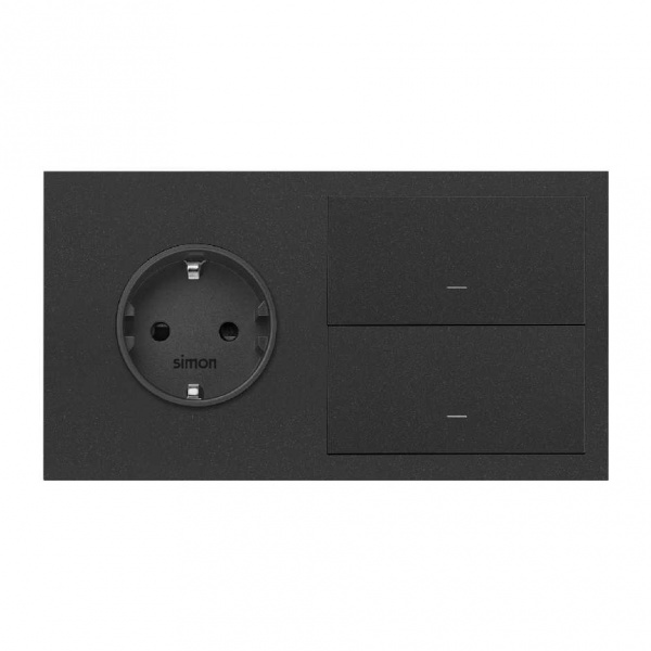 Simon 100 Черный матовый  Кит 2 поста, фронт. Накладка на 1 розетку Schuko + 1 клавиша выключателя + 1 заглушка