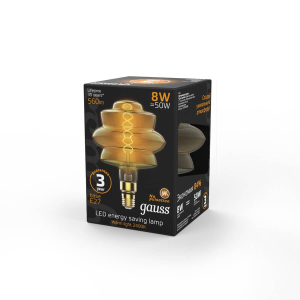 Лампа светодиодная филаментная диммируемая Gauss E27 8W 2400K золотая 161802008 Лампа светодиодная филаментная диммируемая Gauss E27 8W 2400K золотая 161802008