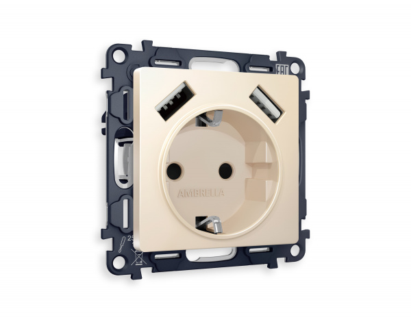 Комплект механизма электрической розетки ALFA MA329010 Бежевый матовый 2USB A+A 18W быстрая зарядка с заземлением со шторками 2P+E 16A-250V QUANT